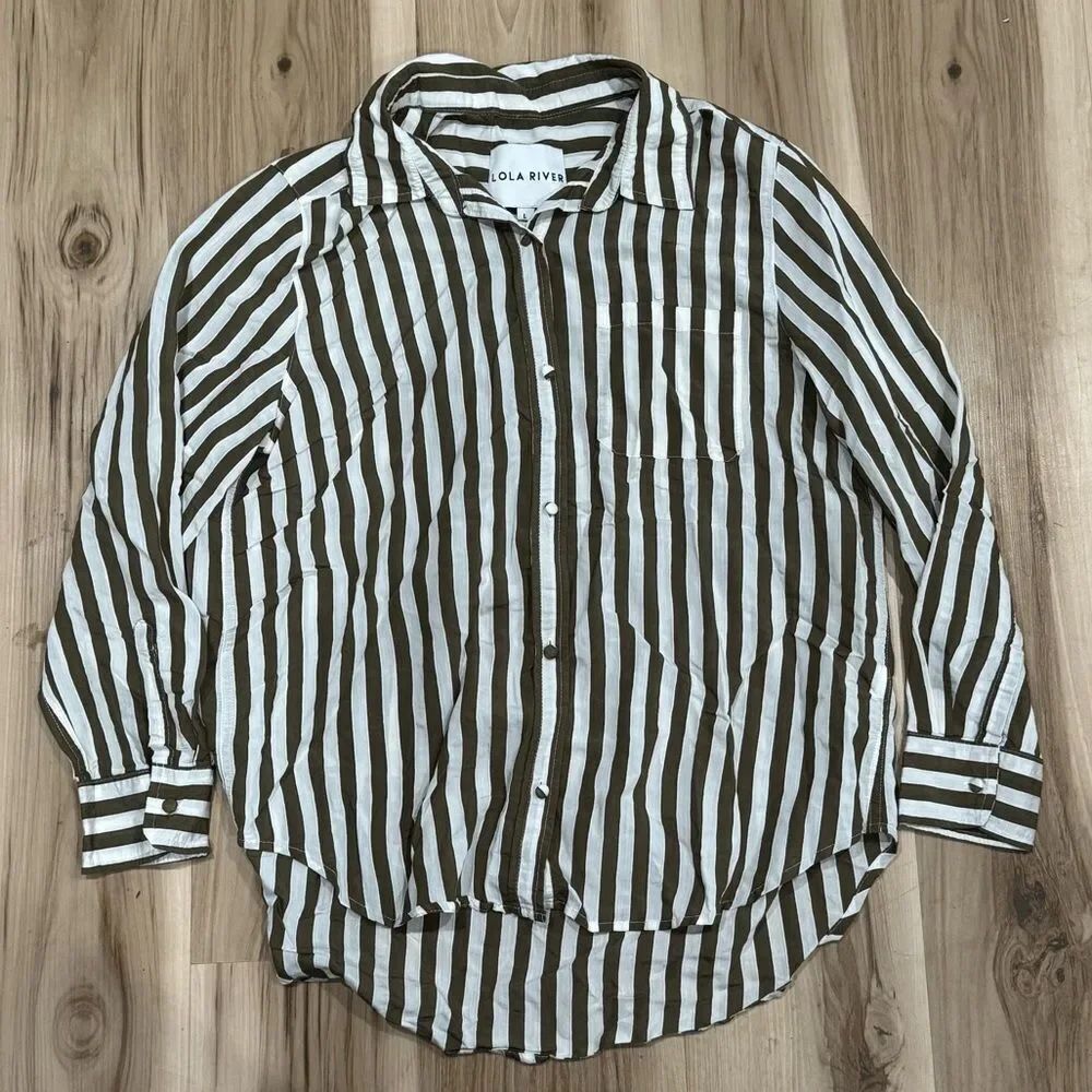 Lola River White Green Striped Button Down Shirt Women’s Large